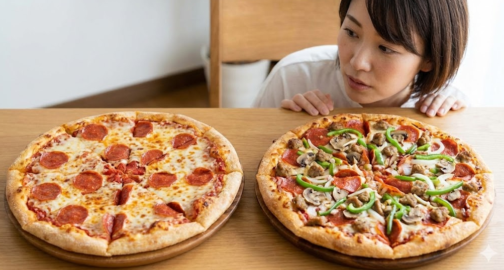 左側のシンプルな「アメリカン」と、右側の具材が豊富な「ドミノ・デラックス」の比較画像。トッピングの量や彩りの決定的な違いが一目で理解できる。
