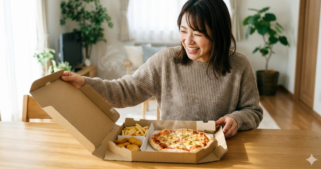 自宅のテーブルで、おひとり様用のピザとサイドメニューが入ったボックスを開けて笑顔を見せる日本人女性。