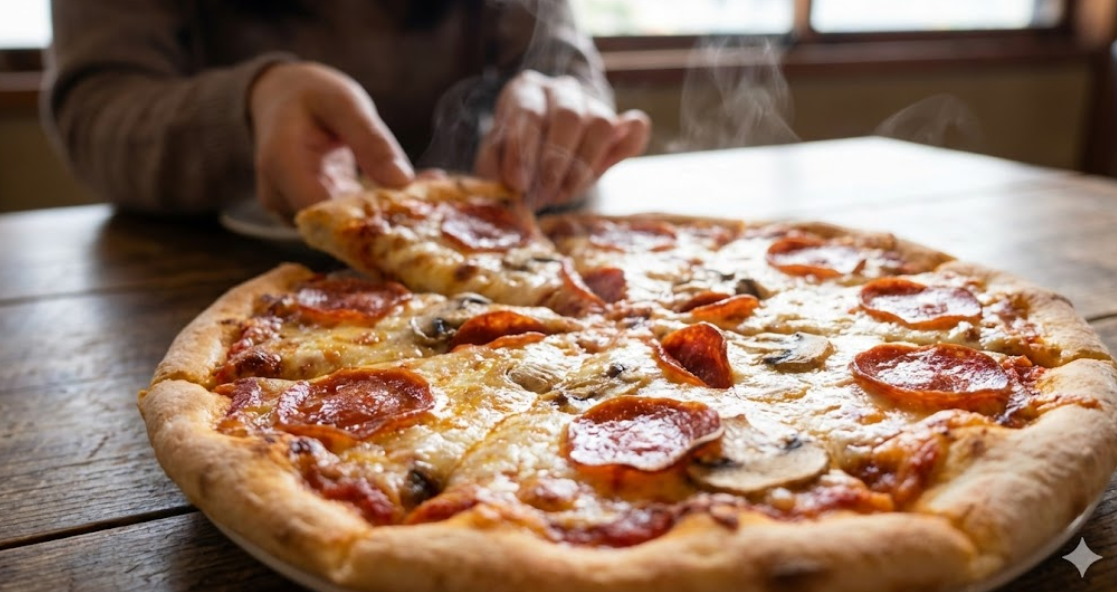 木のテーブルの上に置かれた、湯気が立つ焼きたてのペパロニとマッシュルームのピザ。