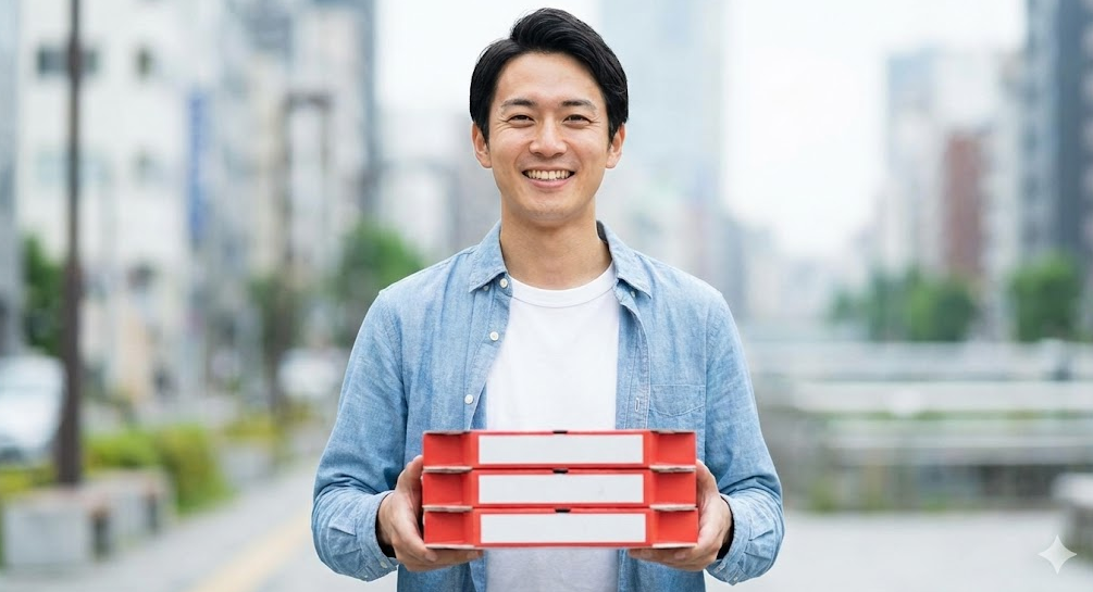 ハットの日にピザハットでテイクアウトを利用し、嬉しそうにピザの箱を持ち帰る日本人男性