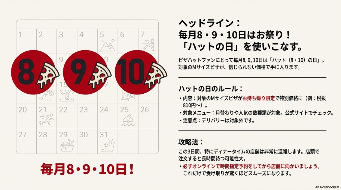 毎月8・9・10日のハットの日のカレンダーアイコンと、混雑を避けるためのオンライン予約推奨の解説。