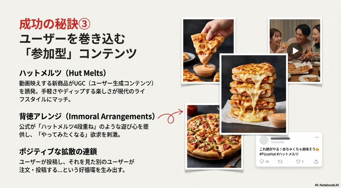 とろけるチーズが特徴的な「ハットメルツ」の写真と、ユーザーが真似したくなる「背徳アレンジ」やポジティブな拡散の仕組みを解説したスライド。
