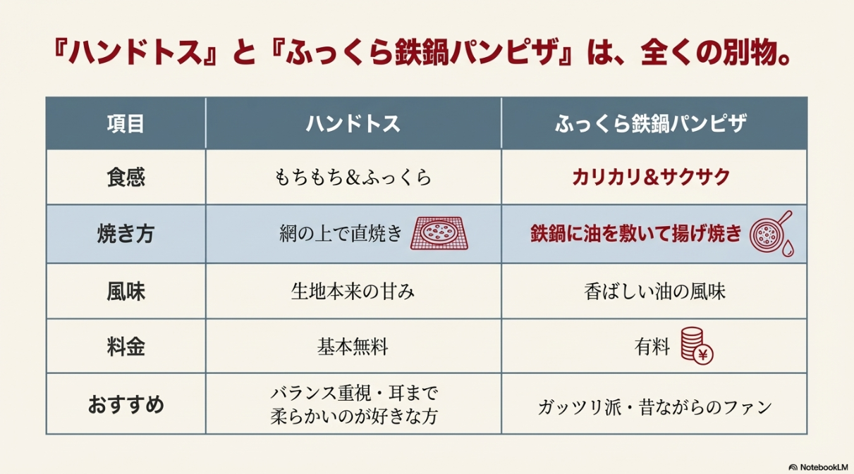 食感、焼き方、風味、料金などの項目でハンドトスとパンピザの違いをまとめた比較表。