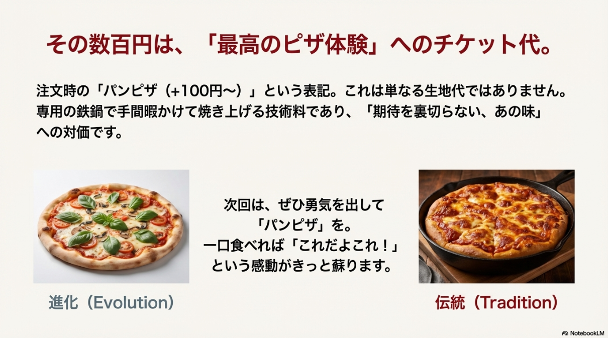 パンピザの追加料金は技術料であり、昔ながらの感動を味わうためのチケット代であると説くスライド。