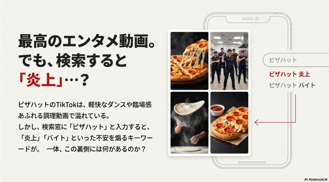 ピザハットの楽しいTikTok動画のイメージと、検索窓に「炎上」「バイト」と表示される不穏なサジェスト結果を対比させたスライド画像。