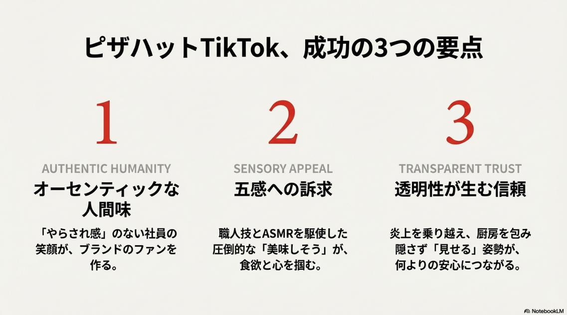 「人間味（Humanity）」「五感への訴求（Sensory Appeal）」「透明性が生む信頼（Transparent Trust）」の3つのポイントを整理したまとめスライド。