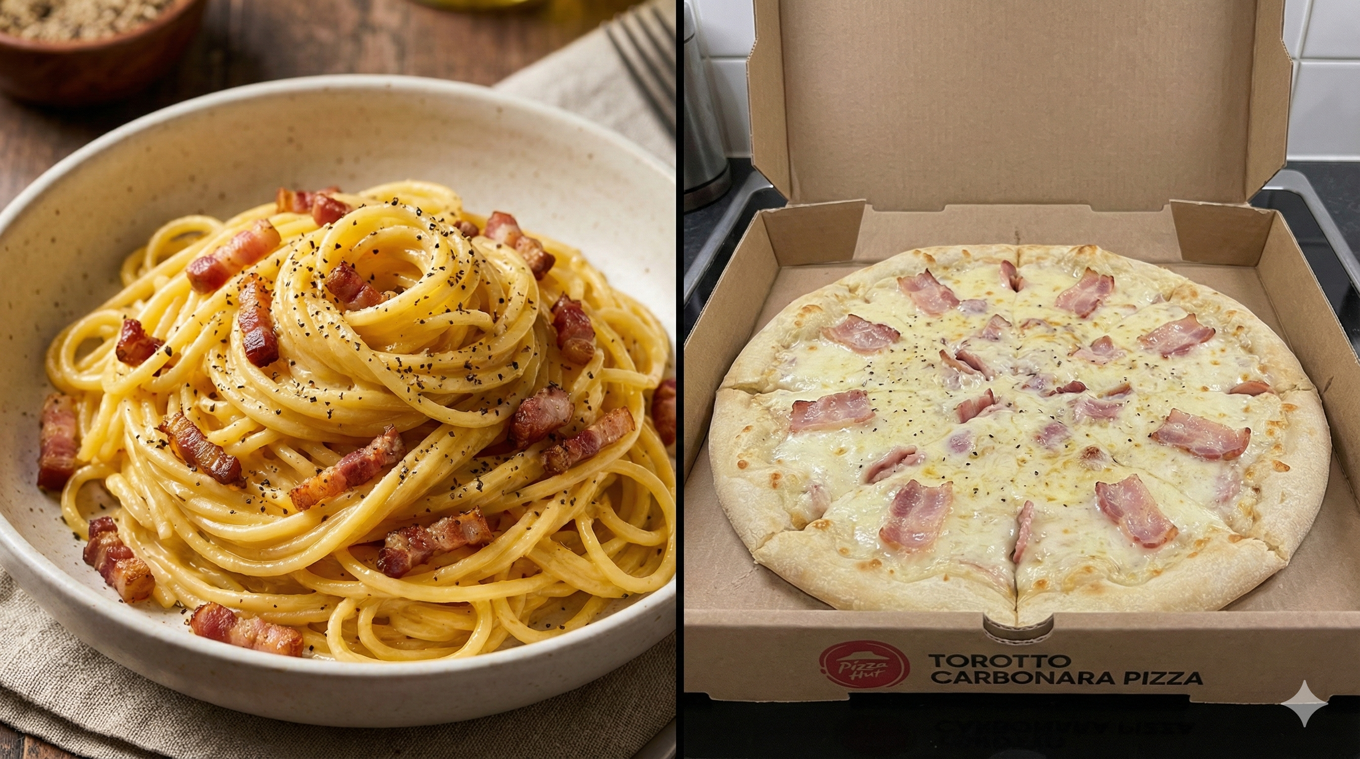 左側は胡椒が効いた本格的なカルボナーラパスタ、右側は箱に入ったピザハットの「とろっとカルボナーラピザ」の比較画像。見た目のギャップを表現。