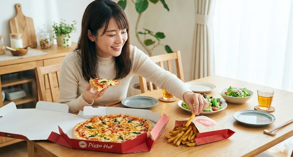 ピザハットのピザとハットフライポテトMサイズが並んだ食卓で食事を楽しむ日本人女性