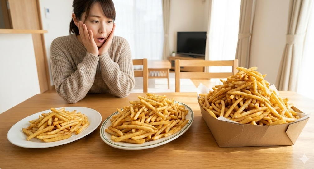 ピザハットのポテトMサイズ、Lサイズ(約2倍)、MEGAサイズ(約3倍)の量比較イメージ