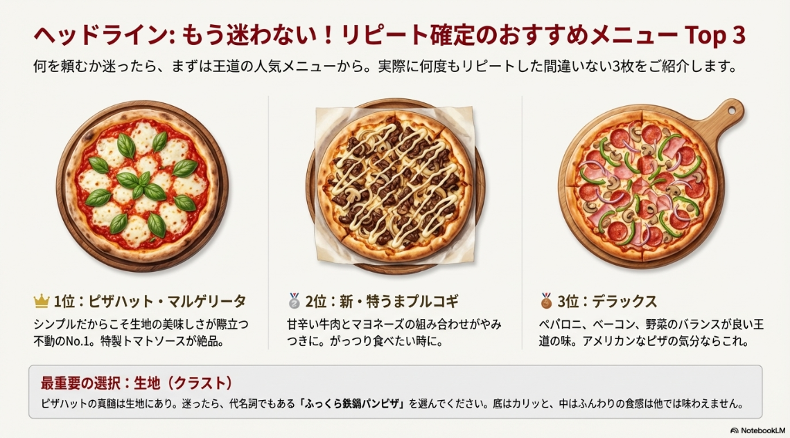 1位マルゲリータ、2位特うまプルコギ、3位デラックスの美味しそうなピザの写真と特徴紹介。