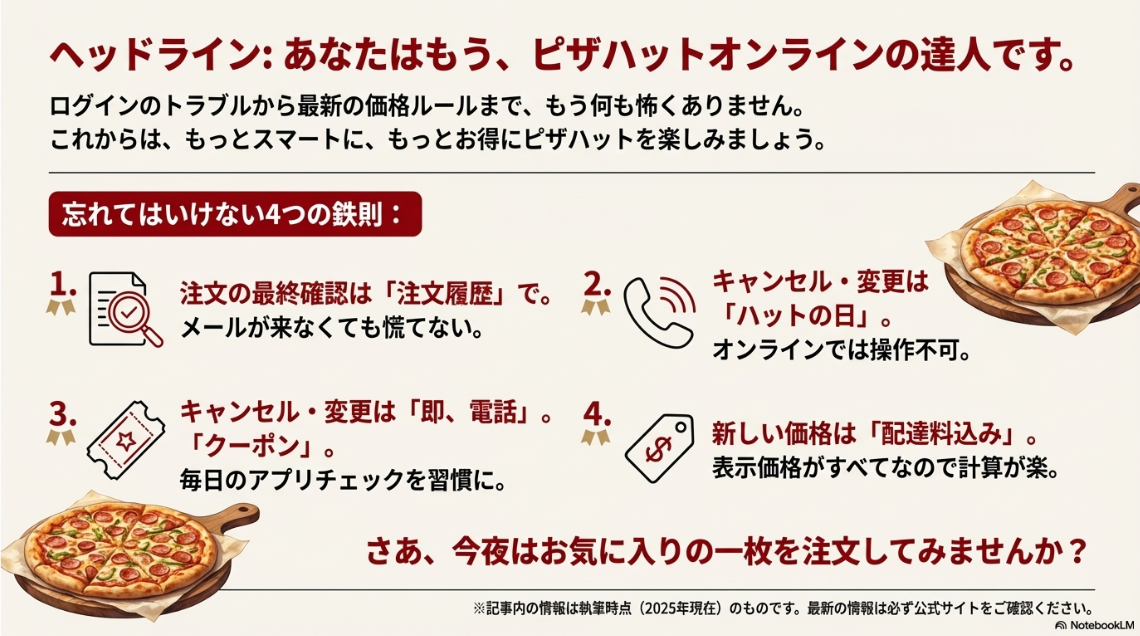 注文履歴の確認、変更は電話で、などの重要ポイント4つをまとめたまとめスライド。