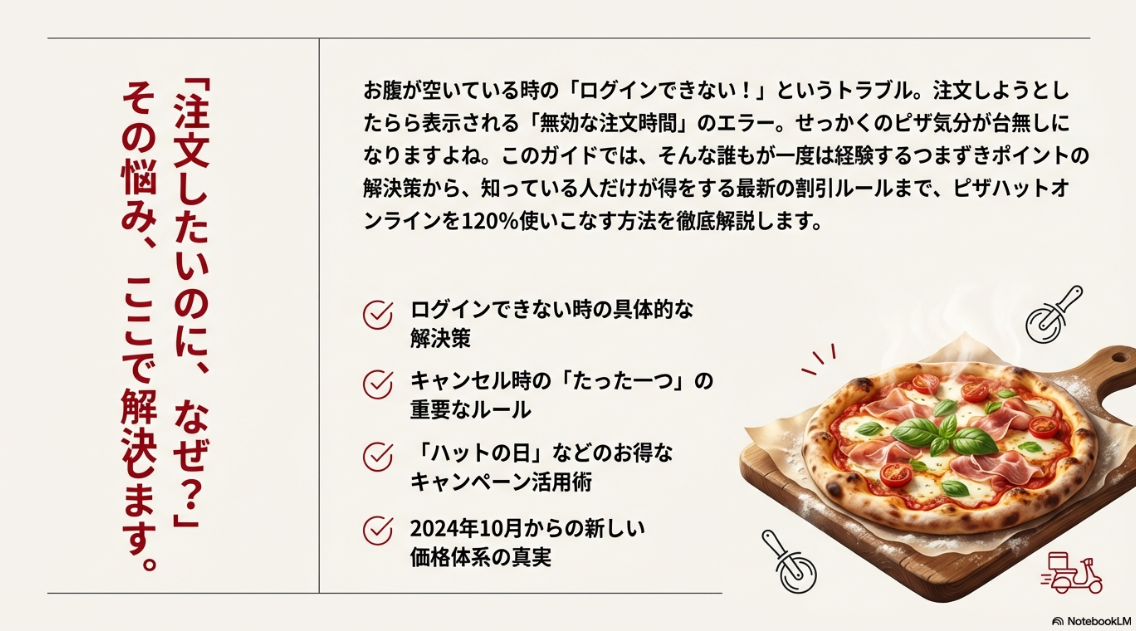 ログインのトラブル解決から最新の価格ルールまで、ピザハットオンラインを使いこなすための4つのポイントが書かれたスライド。