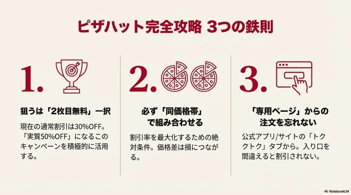 「2枚目無料を狙う」「同価格帯で組み合わせる」「専用ページから注文する」という3つの重要ポイントをまとめたスライド。