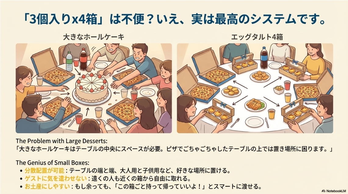 大きなケーキは場所を取るが、3個入りの小箱ならテーブルの各所に分散して置けるためパーティーで便利であることを示す比較図