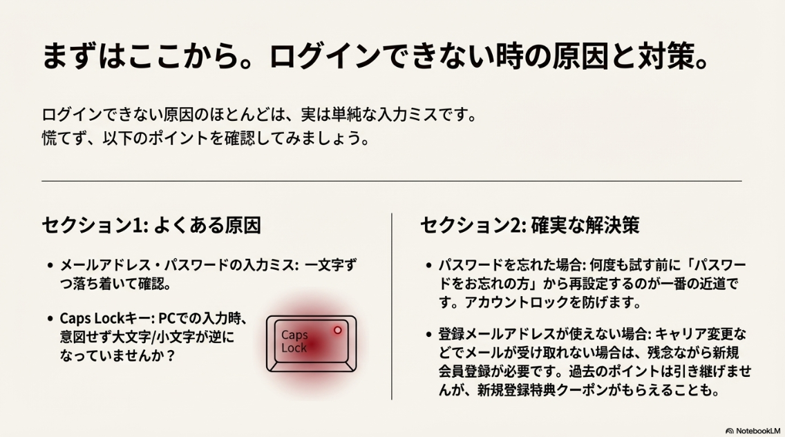 よくある原因としてCaps Lockや入力ミス、解決策としてパスワード再設定や新規登録の必要性をまとめた解説図。