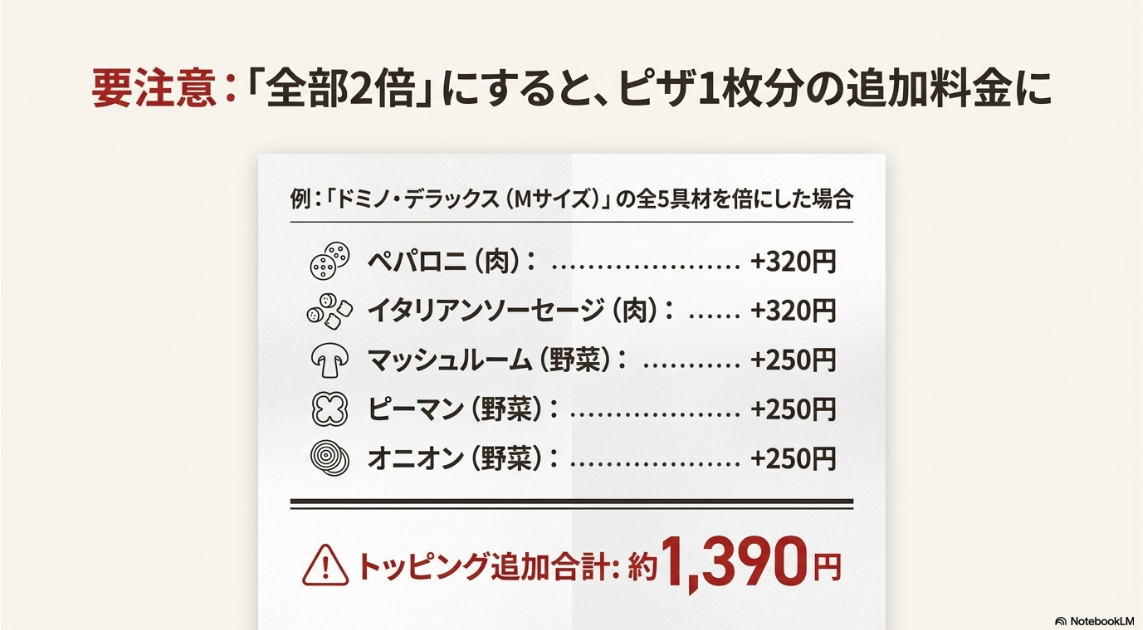 ドミノ・デラックスの全具材を個別に追加した場合、約1,390円の追加料金がかかることを示す計算式のスライド。