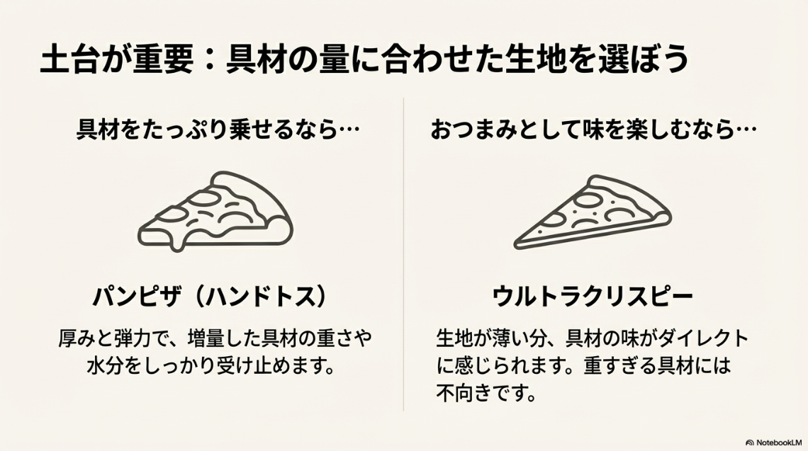 パンピザ（ハンドトス）とウルトラクリスピーの生地断面のイラスト。具材たっぷりならパンピザ、おつまみならクリスピーが適していることを示している。