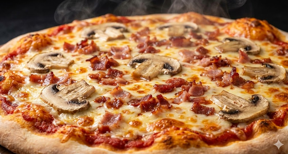 ピザハット芳醇ベーコンマッシュルームの拡大写真。焼けたベーコンとマッシュルーム、とろけるチーズのシズル感