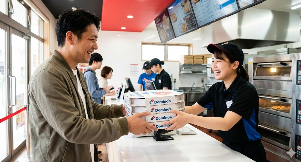 日本のドミノピザ店舗カウンターで、笑顔のアジア人男性客がスタッフからピザの箱を受け取っているテイクアウトの様子。