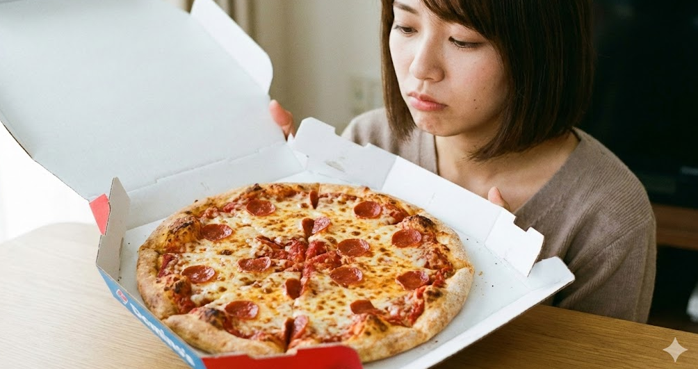 ドミノピザの箱を開けた際に見える、ペパロニとチーズだけのシンプルな「アメリカン」。具材の間隔が広く、彩りが少ないため、一部で不満の声が上がる見た目を忠実に再現している。