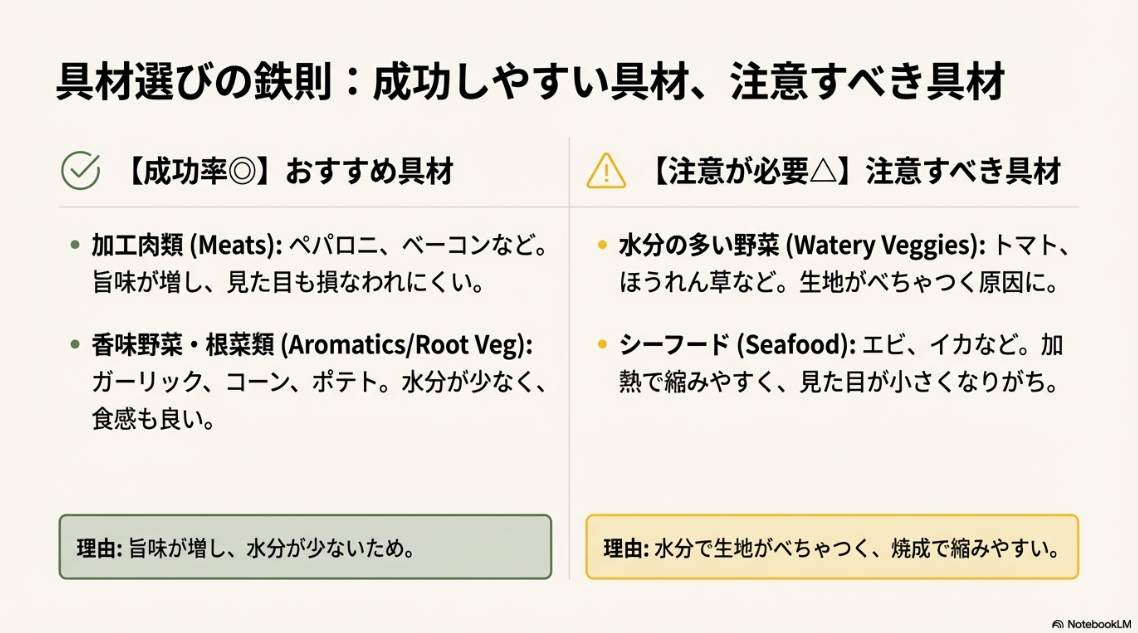 トッピング倍増に向いている「加工肉類・香味野菜」と、注意が必要な「水分の多い野菜・シーフード」を分類した表。