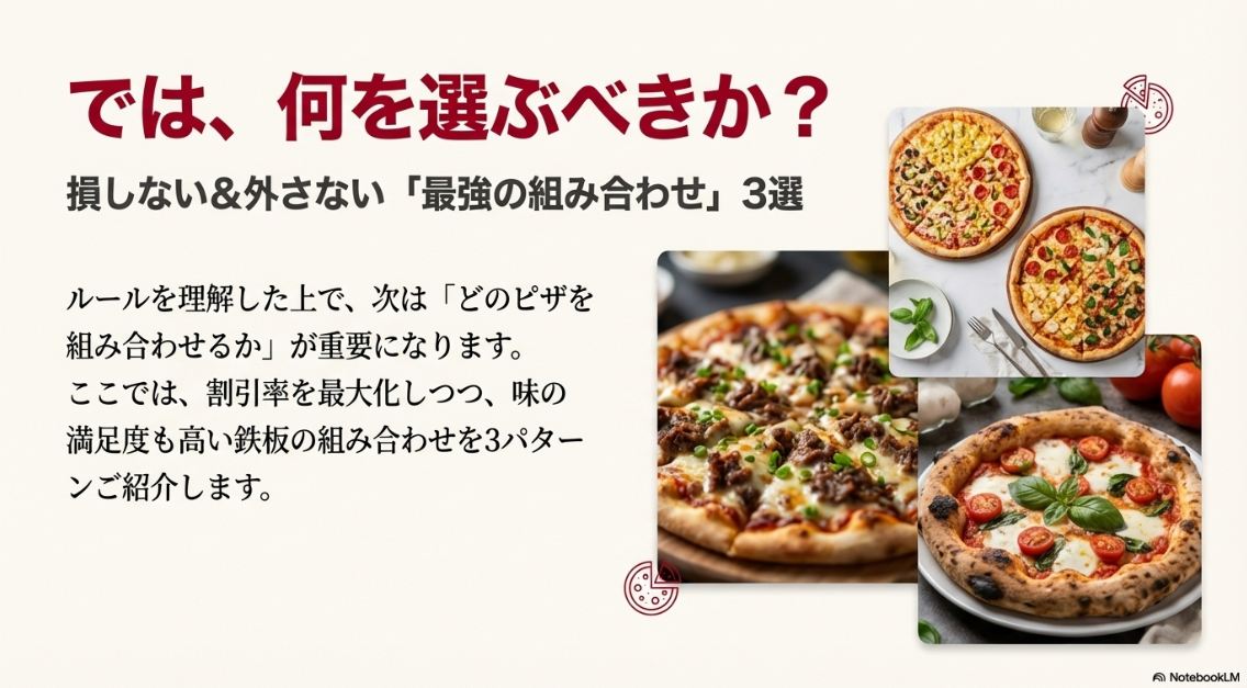 割引率を最大化しつつ味の満足度も高い、おすすめのピザ組み合わせを紹介するセクションの扉画像。