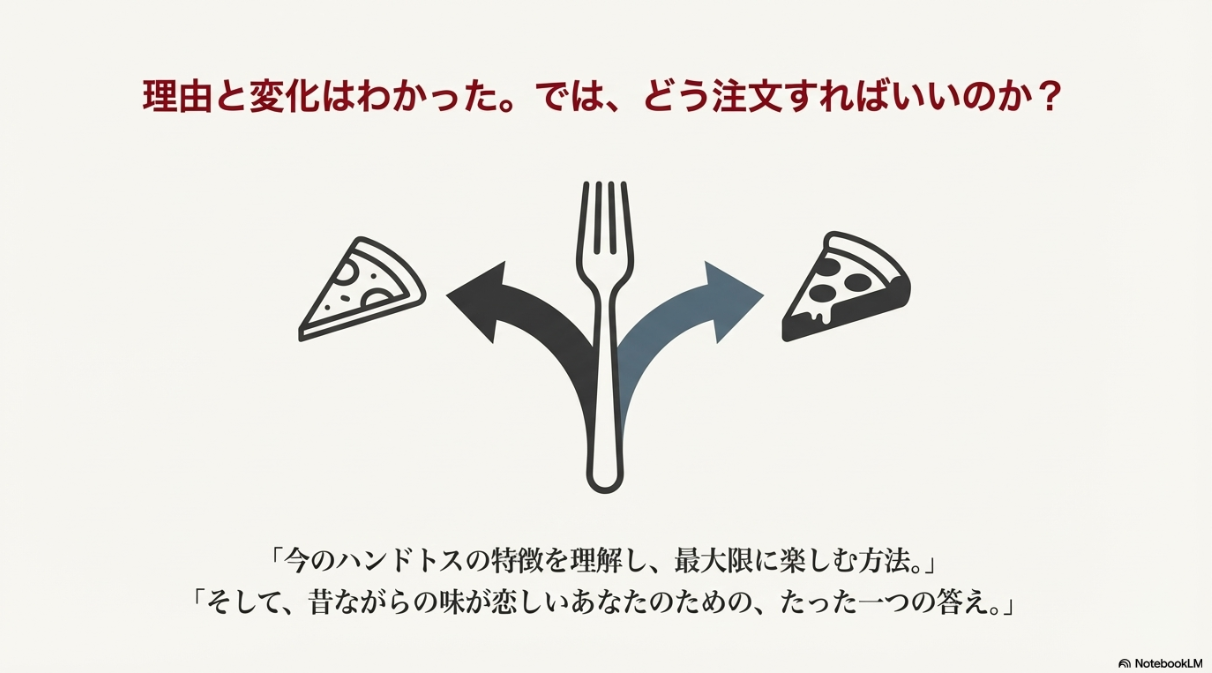理由と変化を理解した上で、どう注文すればよいかという解決策へ誘導するスライド。
