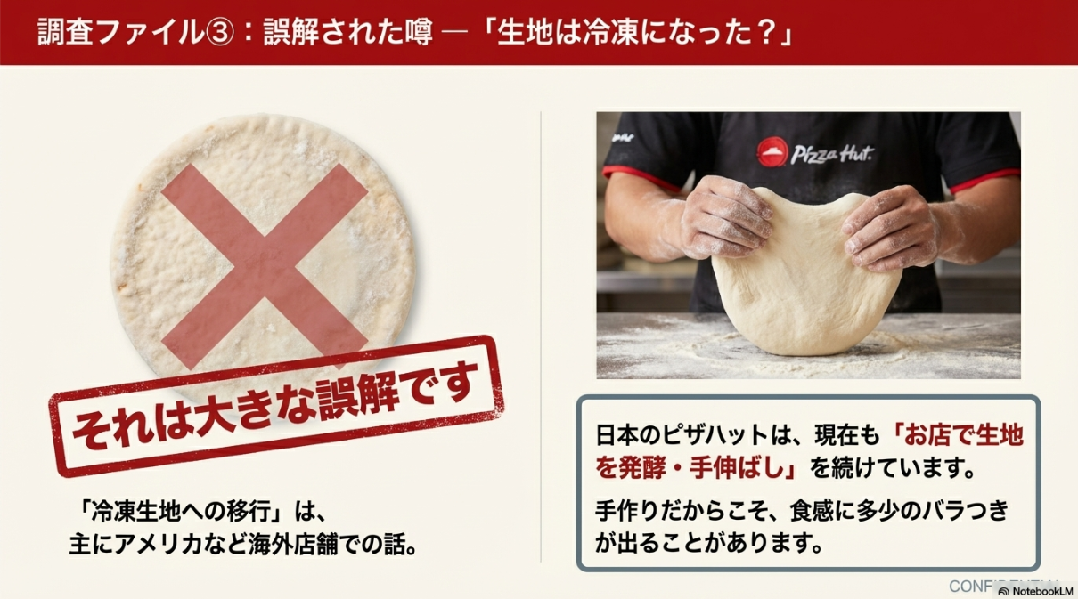 「冷凍生地になった」という噂を否定し、職人が店内で生地を手伸ばししている様子を示す画像。