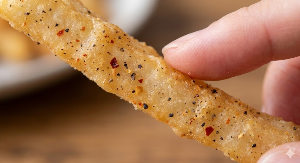 ハットフライポテトの特徴である表面の衣とスパイスの拡大写真