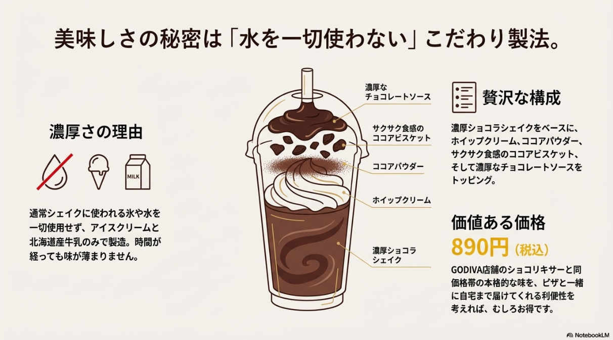 シェイクの断面図イラスト。下から濃厚ショコラシェイク、ホイップクリーム、ココアパウダー、ココアビスケット、濃厚チョコレートソースの層構造を示している。