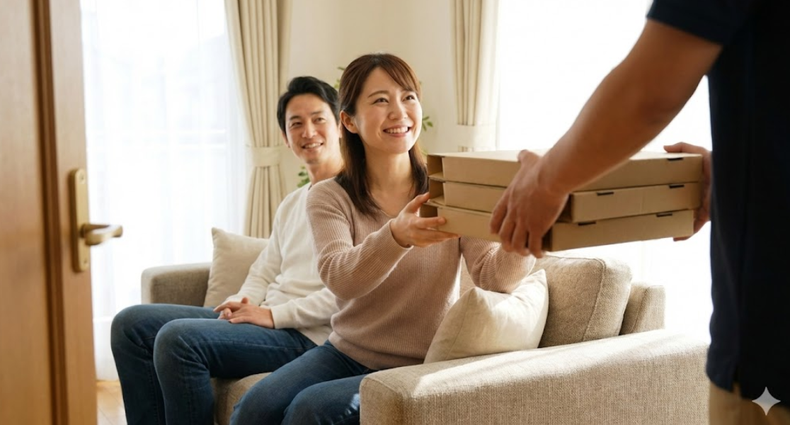 週末の午後に自宅のソファでくつろぎながら、配達員からピザの箱を受け取って笑顔を見せるアジア人カップル