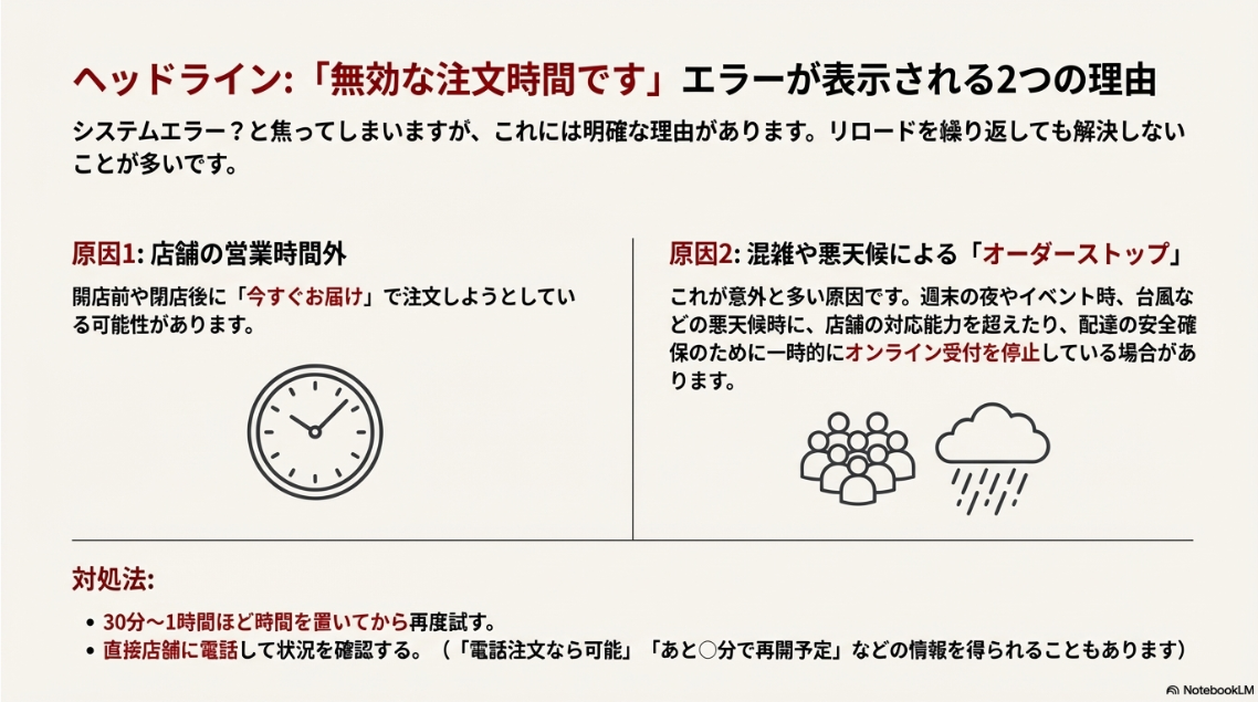 営業時間外や、混雑・悪天候によるオーダーストップが原因で「無効な注文時間」と表示される際の説明図。