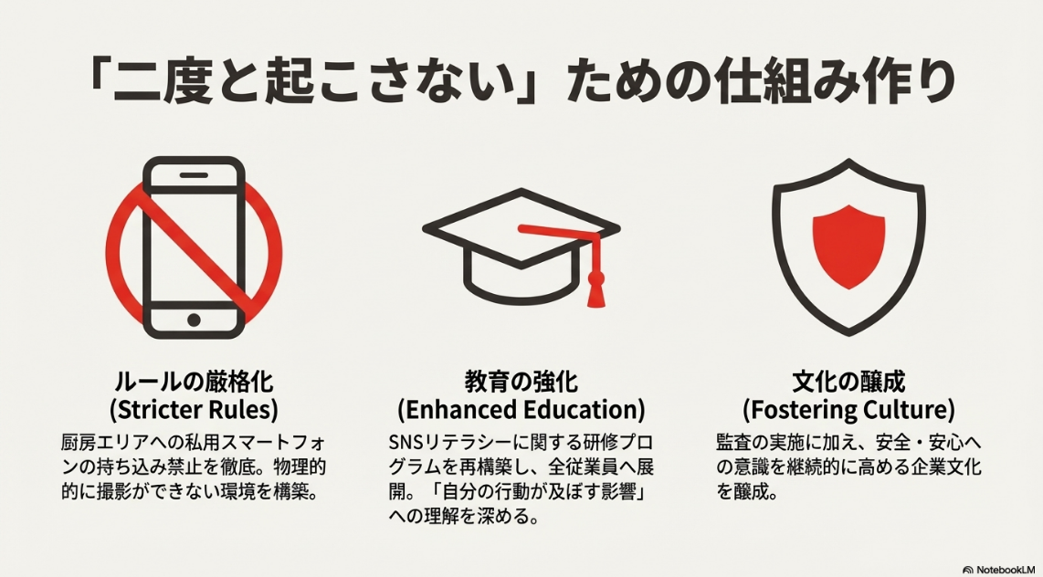 厨房へのスマホ持ち込み禁止アイコン、教育強化を示す帽子アイコン、文化醸成を示す盾アイコンで構成された、再発防止策を説明するスライド。