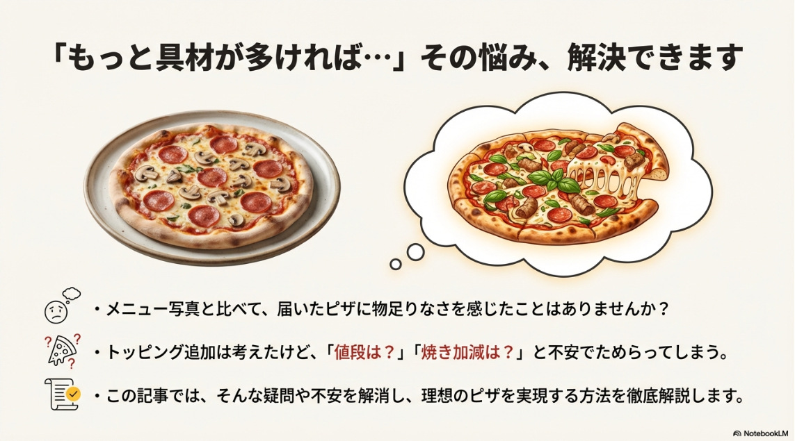 具材たっぷりの理想のピザを想像しているイラストと、実際に届いたピザの写真の対比。「もっと具材が多ければ…」という悩みを表現している。
