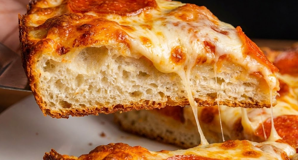 ふっくら鉄鍋パンピザの断面図。外はカリッと中はモチモチした生地の質感が伝わるリフトアップ写真