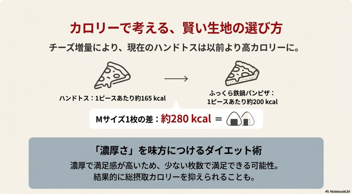 ハンドトスとパンピザのカロリー差や、濃厚な味を活かして枚数を減らすダイエットの考え方を示した図。