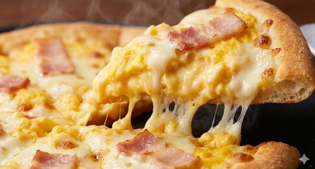 ピザハット「とろっとカルボナーラピザ」の1ピースを持ち上げた瞬間。とろりとした卵フィリングとチーズが糸を引いているシズル感のある写真。