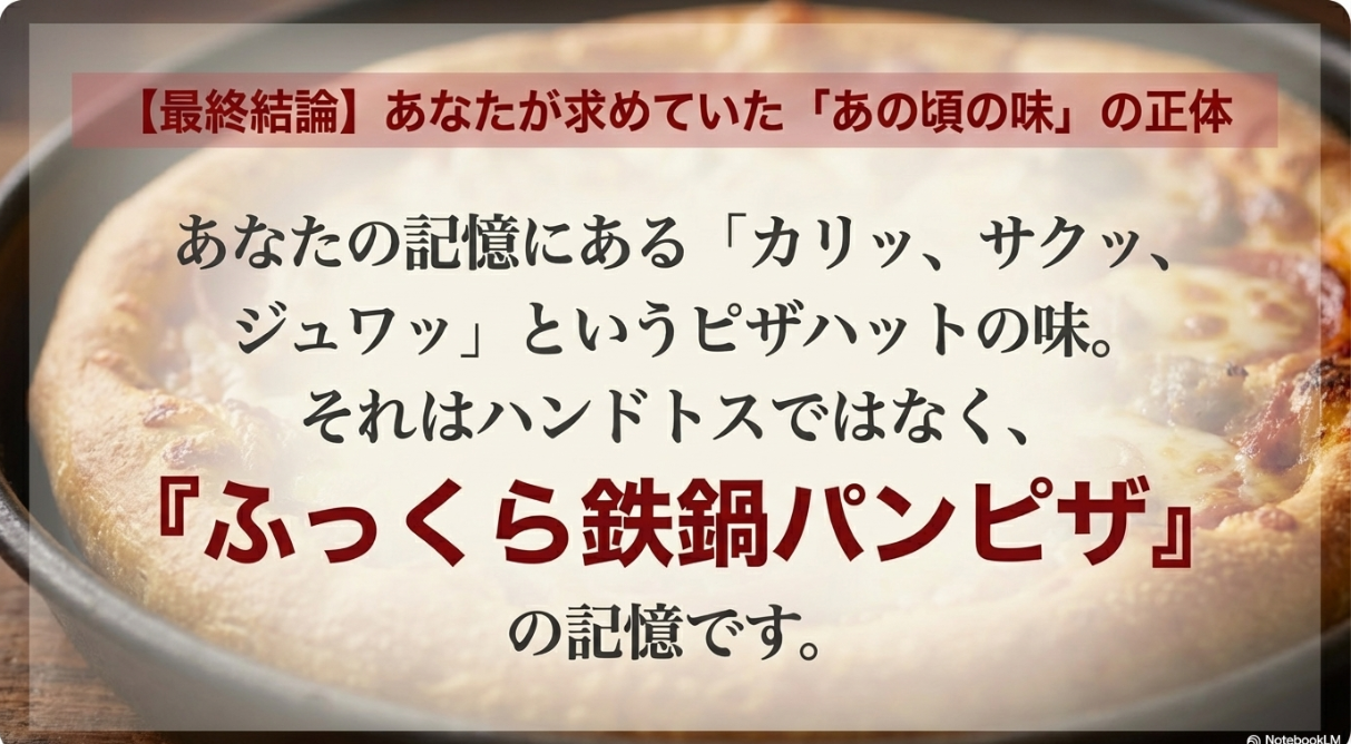 昔ながらの「カリッ、サクッ」とした食感はハンドトスではなく「ふっくら鉄鍋パンピザ」のものであるという結論。