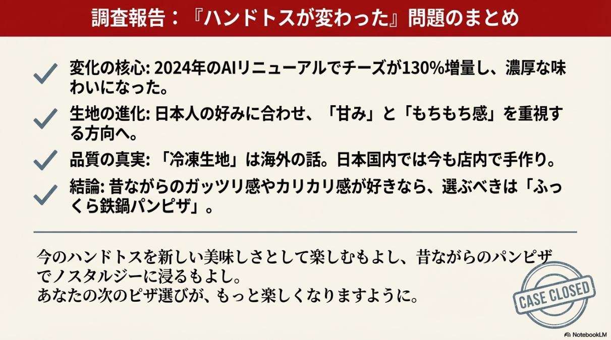 変化の核心、品質の真実、そして解決策をまとめた調査終了のスタンプが押されたスライド。