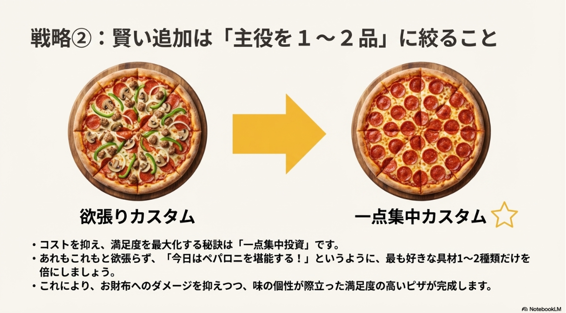 具材をあれこれ乗せた「欲張りカスタム」と、ペパロニだけを倍にした「一点集中カスタム」の比較画像。「主役を1〜2品に絞る」という戦略を解説している。