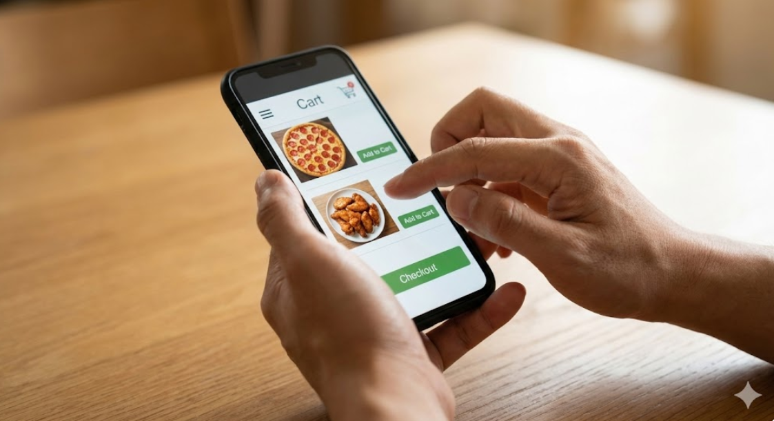 スマートフォンの注文アプリ画面を操作し、カートにピザとサイドメニューを入れているアジア人男性の手元。