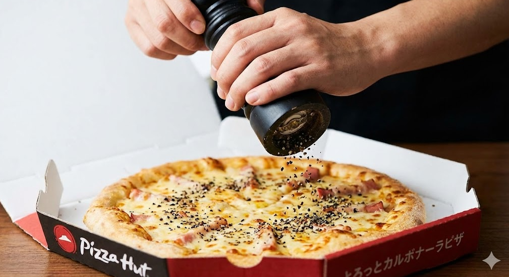 ピザハットの箱に入った「とろっとカルボナーラピザ」に、手でミルを使って粗挽きブラックペッパーをたっぷりと振りかけている味変の様子の写真。