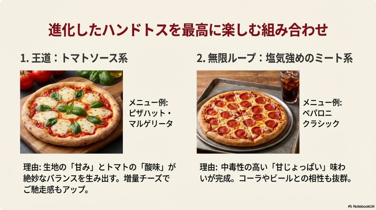 マルゲリータ（トマト系）とペパロニ（塩気系）が、甘みのある生地と相性が良い理由を解説した画像。