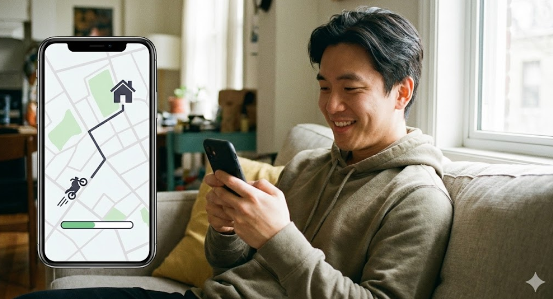 自宅のソファでスマートフォンを見ながら、ピザの配達状況（ピザトラッカー）の地図画面を確認して笑顔を見せるアジア人男性。