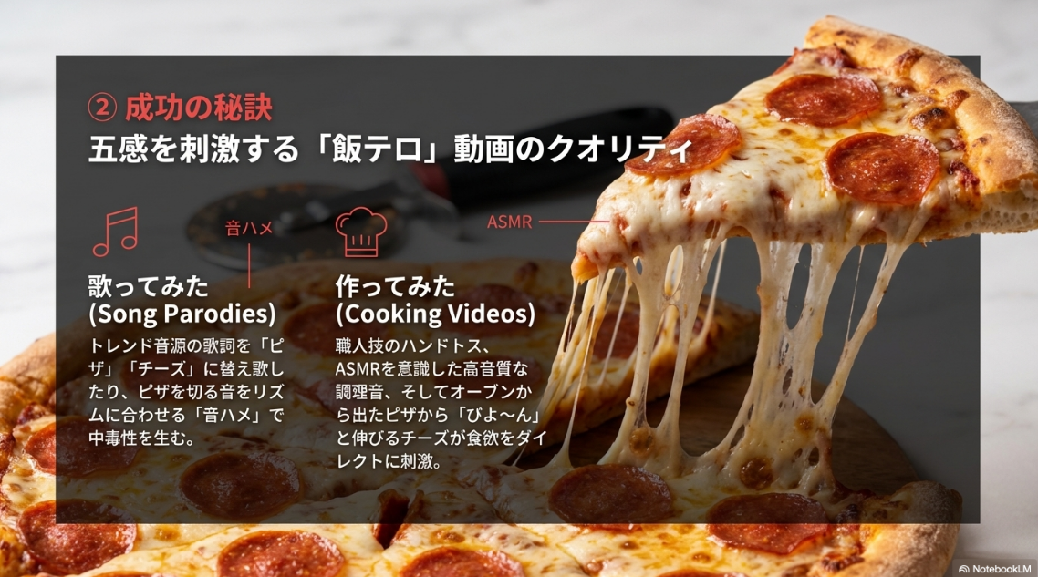 トレンド音源に合わせた「歌ってみた」や、ピザを切る音を使った「音ハメ」、チーズが伸びる「シズル感」あふれる動画コンテンツを紹介するスライド。