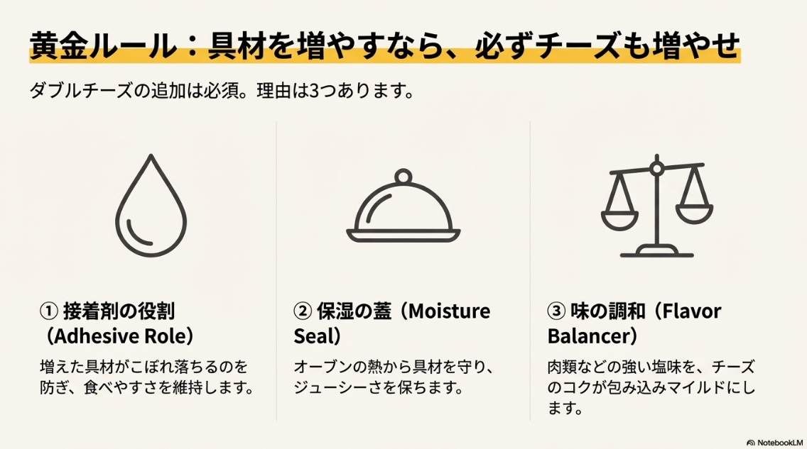 ダブルチーズが必要な理由を示す「接着剤」「保湿の蓋」「味の調和」を表す3つのアイコンと解説。
