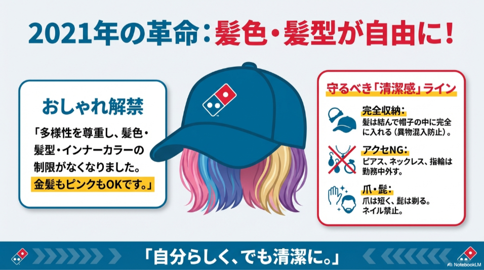 髪色や髪型が自由である一方、異物混入防止のための帽子着用やアクセサリー禁止などの衛生ルールを解説した図
