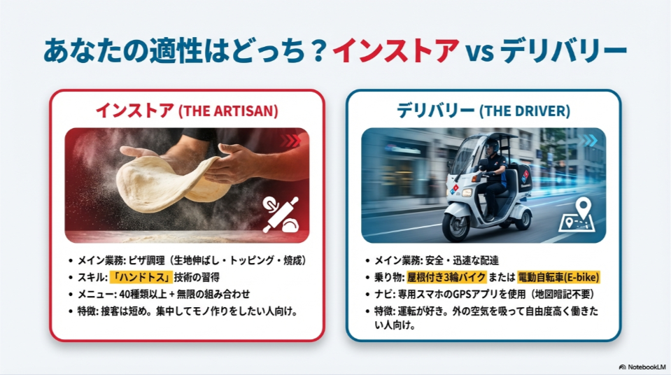 インストア（ピザ職人・ハンドトス技術）とデリバリー（運転・電動自転車）の業務内容と適性を比較したイラスト