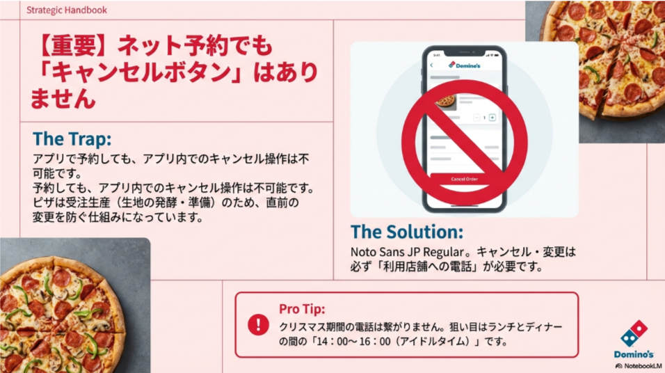 ドミノピザのアプリ画面イメージ。ネット予約であってもアプリ内でのキャンセル操作は不可能であり、電話連絡が必要であることを警告する図。