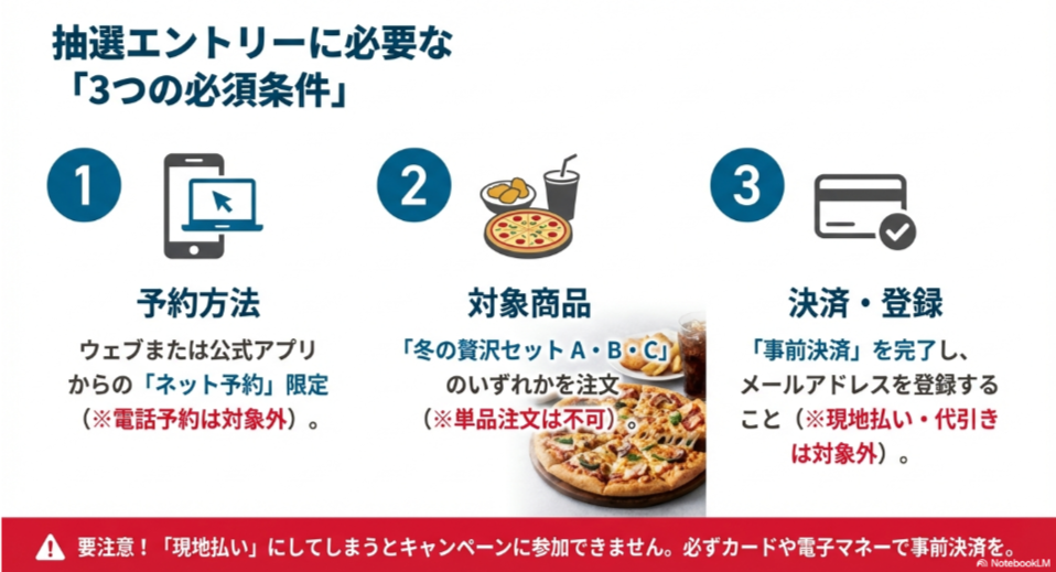 ドミノピザのキャンペーン参加条件3つ。1.ネット予約限定、2.冬の贅沢セット注文、3.事前決済とメール登録が必要であることを示すアイコン。
